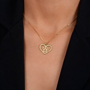 Colar Dourado Chocker de Coração e Pata Pet Zircônia